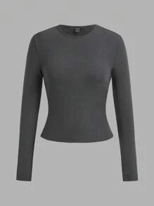 SHEIN EZwear Plus Size Solid Color Square Neck Long Sleeve Casual Top - Black - View 6
