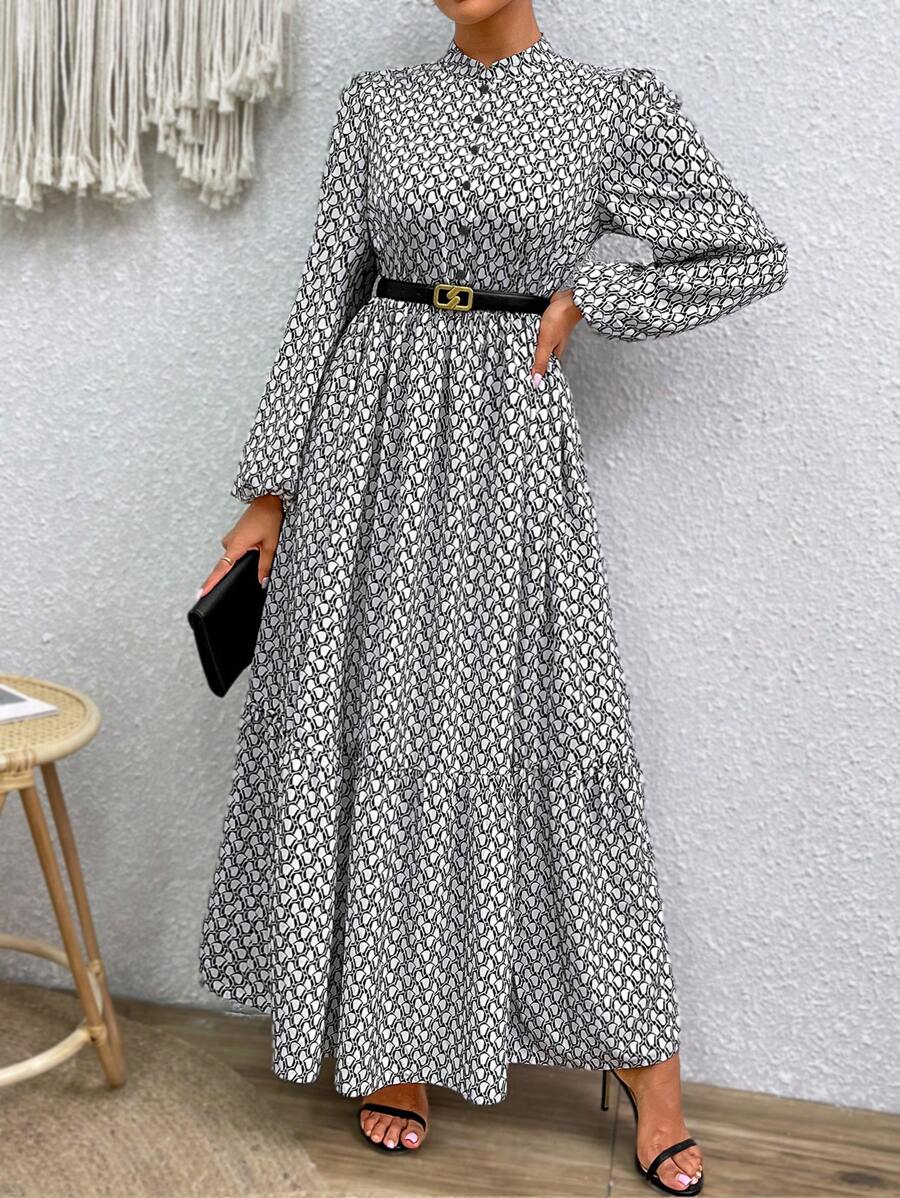 SHEIN LUNE 休闲春夏满版印花灯笼袖长裙女装秋季女装 - 白色 - 查看 1