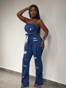 Slaydiva Women's Distressed Cargo Pocket Flared Casual Denim Jumpsuit With Suspenders - Dark Wash - View 5