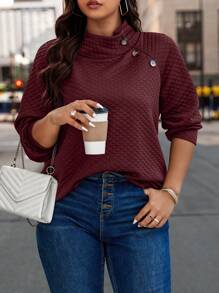 EMERY ROSE 大码女式绗缝立领插肩袖纽扣装饰休闲卫衣，秋冬套头衫 - 紫紅色 - 查看 4