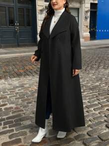 SHEIN Privé Plus Size Women Casual Solid Color Lapel Double-Breasted Mid-Length Coat, Autumn/Winter