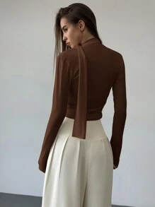 Aloruh 1pc Women Simple Elegant Long Sleeve Draped Collar Pleated Fitted T-Shirt - Brown - View 2