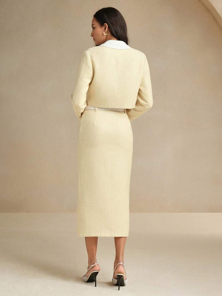 2pcs Elegant Colorblock Patchwork Cropped Jacket And Skirt Set, Autumn