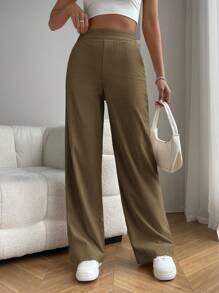 SHEIN EZwear Quần ống đứng đơn giản, họa tiết trơn, túi bên hông, mặc hàng ngày cho nữ - Màu nâu  Mocha - Xem 4