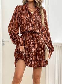 Chiquease Women's Autum Stand Collar Tie Waist Puff Sleeve Ruffle Hem Short Dress - Multicolor - View 3