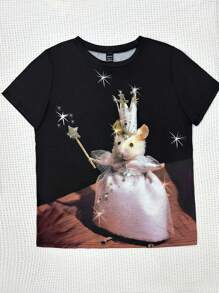 INAWLY Plus Allover 可爱老鼠动物图案印花女式短袖 T 恤、图案 T 恤、女式夏季上衣