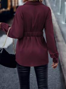 SHEIN LUNE Solid Color Button Front With Belt Long Sleeve Elegant Shirt Fall Cloth For Women - Red Violet - View 2