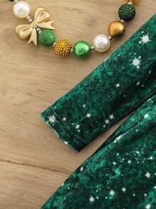 SHEIN Baby Girl Cute Green Velvet Sequin Pattern Long Sleeve Christmas Dress, Autumn/Winter