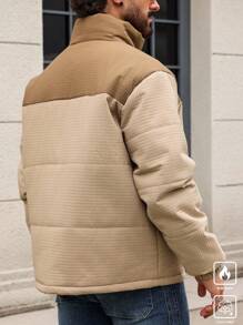 Manfinity Homme Áo khoác nam tay dài có túi khóa kéo màu tương phản cỡ lớn, mùa đông - Màu Khaki - Xem 2