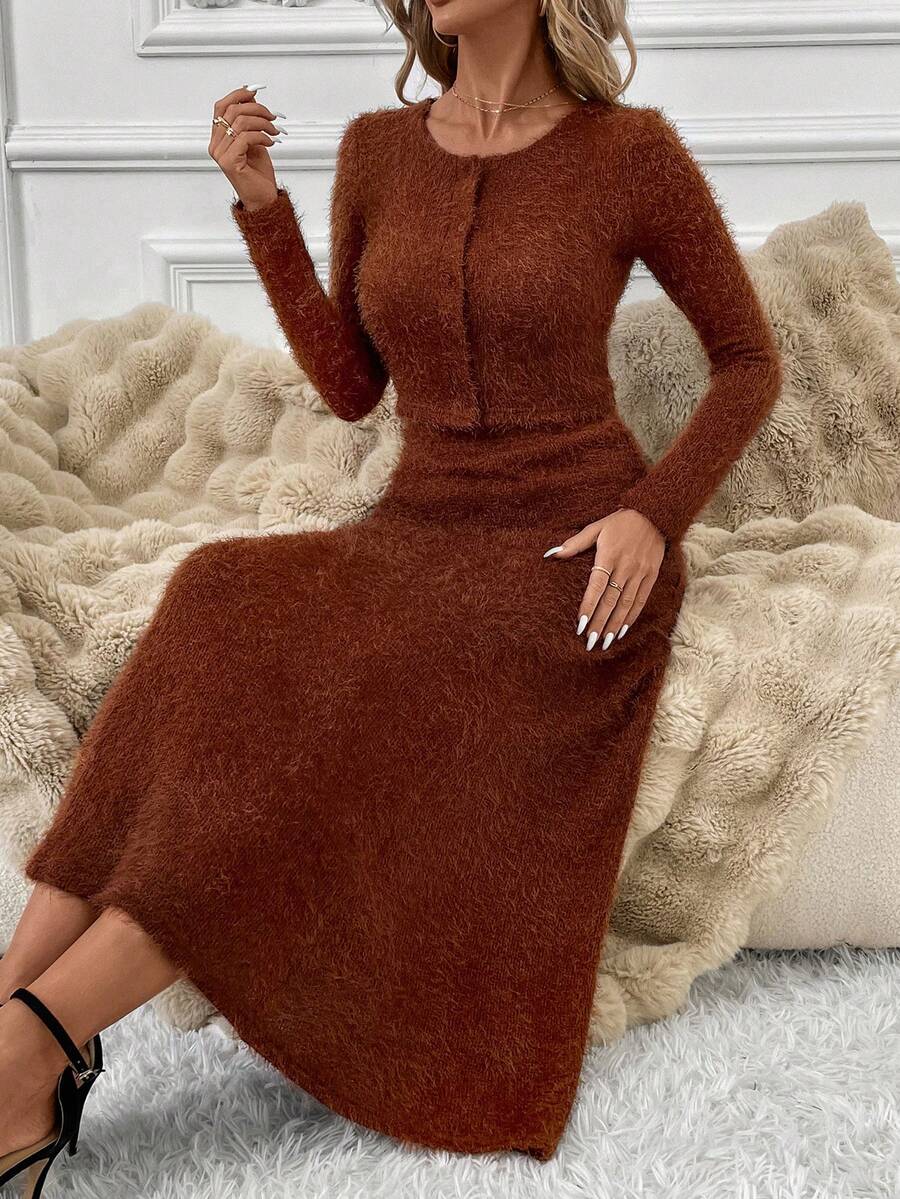 SHEIN Clasi 2pcs/Set Women Casual Solid Color Fluffy Cardigan And A