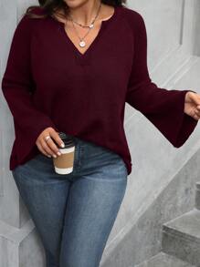 SHEIN LUNE Plus Size Women Notched Neck Flare Sleeve Pullover Sweater, Solid Color, Autumn/Winter Knit Pullover Fall - Burgundy - View 6
