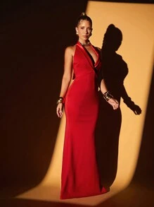 Lumalex Fall Winter Thanksgiving Outfit New Years Thanksgiving Rave Festival Outfits Formal Satin Stitching Deep V-Neck Mermaid Maxi Tight Dress For Women