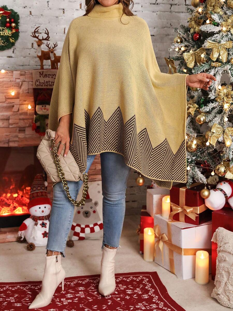 SHEIN LUNE Plus Size Women Golf Patchwork Striped Cape Sweter Na Jesień/Zimę