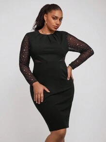 SHEIN Clasi Vestido elegante de manga larga con aplicaciones y patchwork, para tallas grandes, para otoño/invierno