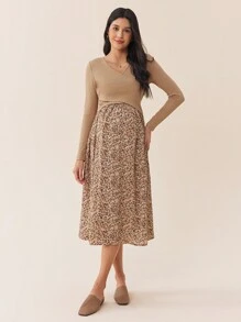 SHEIN 孕妇纯色花卉印花拼接哺乳长袖连衣裙，秋季