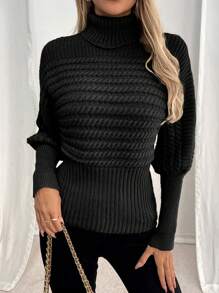 EMERY ROSE Suéter holgado de punto con cuello alto, estilo cable, estilizador, para otoño e invierno - Negro - Ver 4