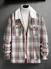 Manfinity Homme Men's Casual Street Plaid Print Flap Pocket Jacket, Autumn/Winter - Green - View 1