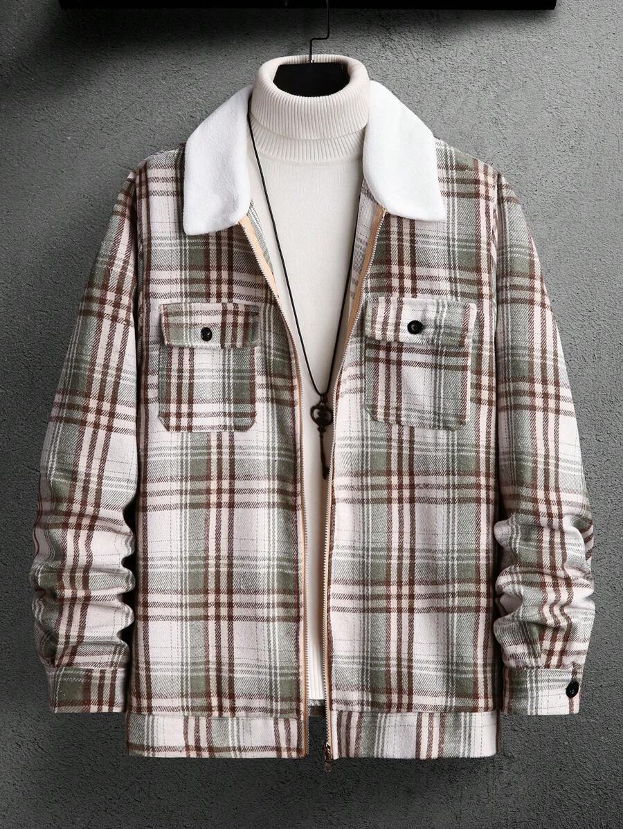 Manfinity Homme Men's Casual Street Plaid Print Flap Pocket Jacket, Autumn/Winter - Green - View 1