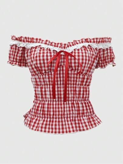 Kawaii Plus Size Women Summer Plaid Print Ruffle Trim Front Tie Off Shoulder Sweet Blouse