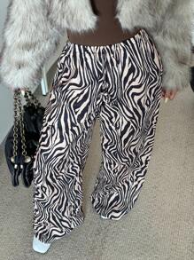 Aloruh Women Zebra Print Elastic Waist Front Tie Decoration Loose Wide Leg Pants - Black - View 6