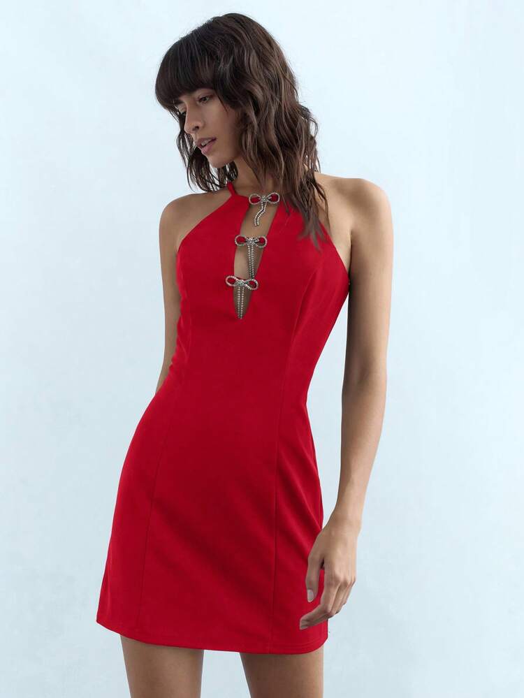 SHEIN Maija Elegant Bowknot Rhinestone Solid Color Backless Sleeveless Red Mini Dress, For Women Parties, Dates, Valentine's Day In Spring/Summer Business Casual Women's Wear, Office Wear, Low-Key Old Money Style, Effortless Temperament, High-End Urban Commuting, The Same Style As The Editor-In-Chief Of The Magazine, Urban Social Vacation Party Wear, Charming, Low-Key Basic Style, Versatile And Not Picky Clothing, Street Fashion Wear, Clothing, Coffee Shop, Relaxed Wear Elegant And Intellectual Female Wedding Guest Dress Outfit And Beautiful French Slouchy High-End Sense Of Intelligence And Elegance Old Money Style Cruise Clothing Vacation Wear