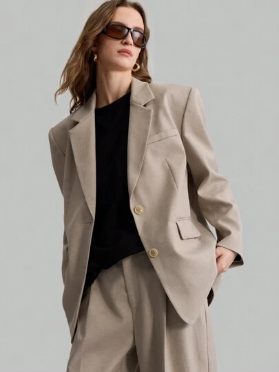 Ontre 女士休闲西装外套，商务通勤简约设计，4% 羊毛抗皱卡其色超大男友风格，秋季