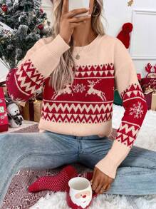 Chiquease 女式圣诞驯鹿图案落肩毛衣，秋冬休闲风格 - 彩色 - 查看 1