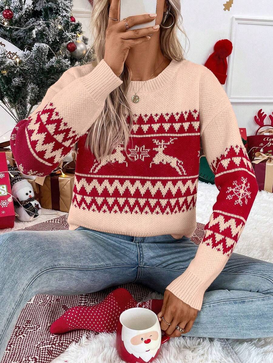 Chiquease 女式圣诞驯鹿图案落肩毛衣，秋冬休闲风格 - 彩色 - 查看 1