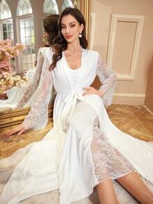 2pcs Set: Sexy High Slit Dress + Elegant Robe For Women, Autumn/Winter Sleepwear, Vacation