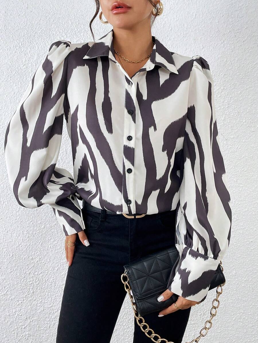 Chiquease 女式几何印花灯笼袖前开襟衬衫 - 杏色 - 查看 1