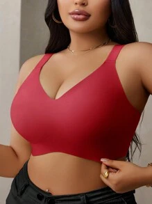 Plus Size Women Seamless Bra Jelly Strap Soft Support Wireless Brassiere With Molded Cup, 1pc - Rose Red - View 5