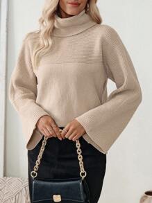 SHEIN LUNE Women Plain Turtleneck Long Sleeve Minimalist Sweater, Casual Everyday Wear Knit Pullover Fall Winter - Khaki - View 5