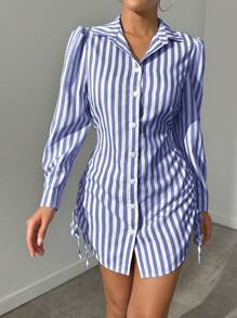 BamGleam Vestido camisero con cintura ceñida a los laterales y rayas - Azul Marino - Ver 3