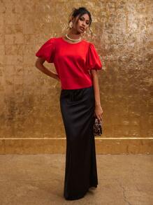 COSMINA Blusa elegante de manga abullonada de unicolor simple para mujer en verano