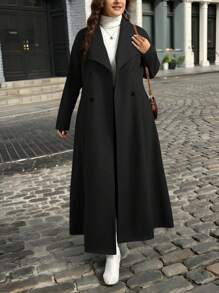 SHEIN Privé Plus Size Women Casual Solid Color Lapel Double-Breasted Mid-Length Coat, Autumn/Winter