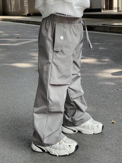 SHEIN 儿童/男孩休闲日韩风格字母松紧腰宽松纯色编织裤，适合春季、夏季、秋季、冬季上学、花园、海滩、生日