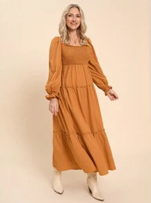 SHEIN LUNE Plus Size Women Fall Long Sleeve Textured Square Neck Shirred Bust A-Line Ruffle Hem Flattering Dress Plus Size Fall Clothes Dresses For Women