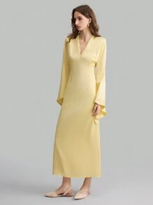 Ontre Women's 2025 Spring Fashion V-Neck Long Bell Sleeve Asymmetrical Party Formal Dress, Cream Yellow Mid-Calf Dress - Yellow - View 5