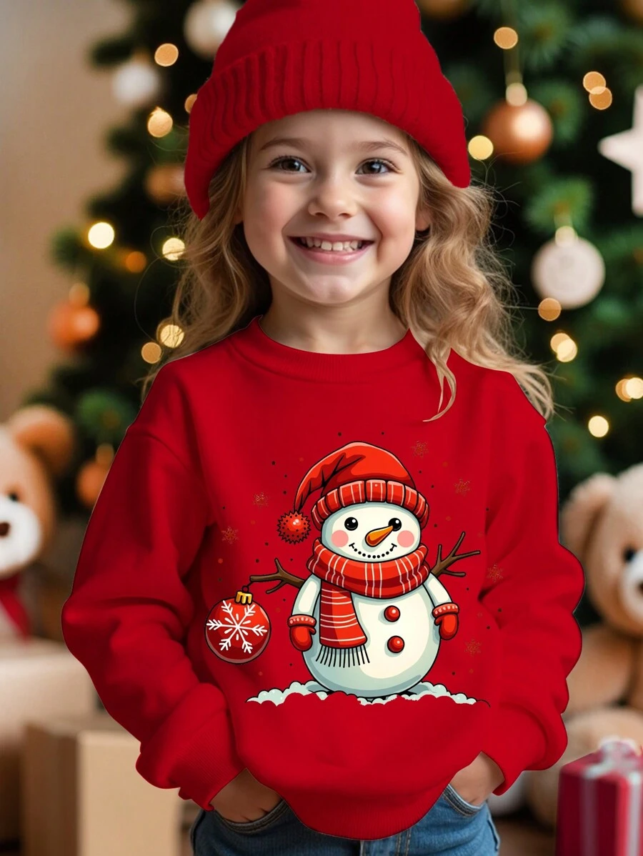 SHEIN Young Girls' Christmas Merry Christmas Cute Snowman Graphic Casual Loose Fit Round Neck Pullover Thick Knit Warm & Comfortable Versatile Sweatshirt, Suitable For Autumn/Winter, Christmas Outfits For Girls, Christmas Young Girl Clothes, Toddler Costume, Little Girl Clothes, Girls Fall Outfits, Young Girl Costume, Girls Young Girl Costumes, Girls Winter Clothes, Crew Neck Sweatshirt, Red Sweatshirt, Cute Sweatshirt - Burgundy - View 1