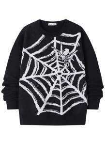 SHEIN Suéter de cuello redondo de manga larga con bordado de telaraña en blanco y negro casual para niños adolescentes, adecuado para otoño, invierno, cálido, escuela, hogar, diario, deportes, calle, concierto punk, versátil, simple