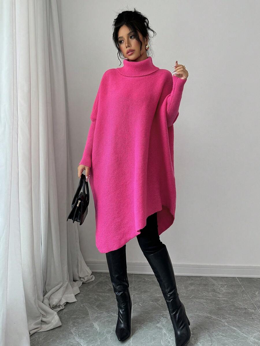 Elenzga Rose Red Turtleneck Batwing Sleeve Loose Knit Sweater For Women, Knit Pullover Fall Winter - Hot Pink - View 1
