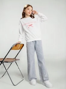 Tween Girl 休闲宽松蝴蝶结印花运动衫和浅色水洗宽松蝴蝶结刺绣直筒牛仔裤，时尚百搭，适合日常穿着 - 白色 - 查看 9