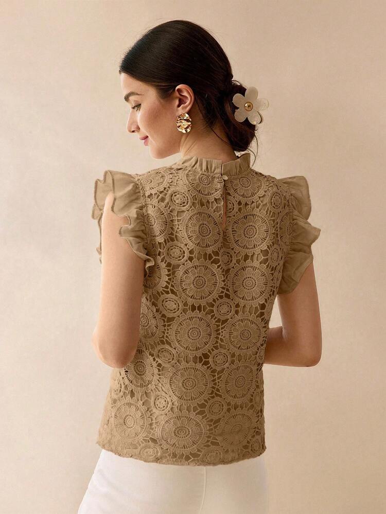 GUIPURE LACE SOLID FRILL MOCK NECK RUFFLE ARMHOLE TOP