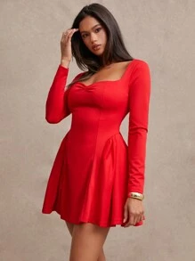 SHEIN BAE 女士秋冬露肩荷叶边连衣裙，纯色优雅泡泡袖，适合返校、生日派对、鸡尾酒会 - 紅色 - 查看 5
