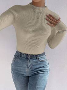 Chiquease Women Stand Collar Long Sleeve Slim Fit Pullover Sweater, Solid Color, Autumn/Winter Knit Pullover Fall - Yellow - View 5