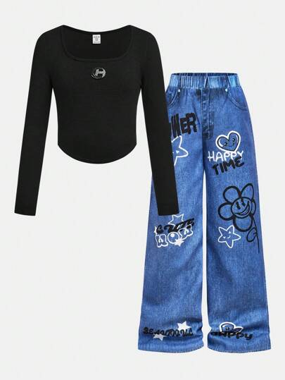 SHEIN Girlism 2pcs/Set Tween Girls Casual Asymmetrical Hem U-Neck Long Sleeve Tee Shirt & Denim Effect Pants Set, Streetwear Style