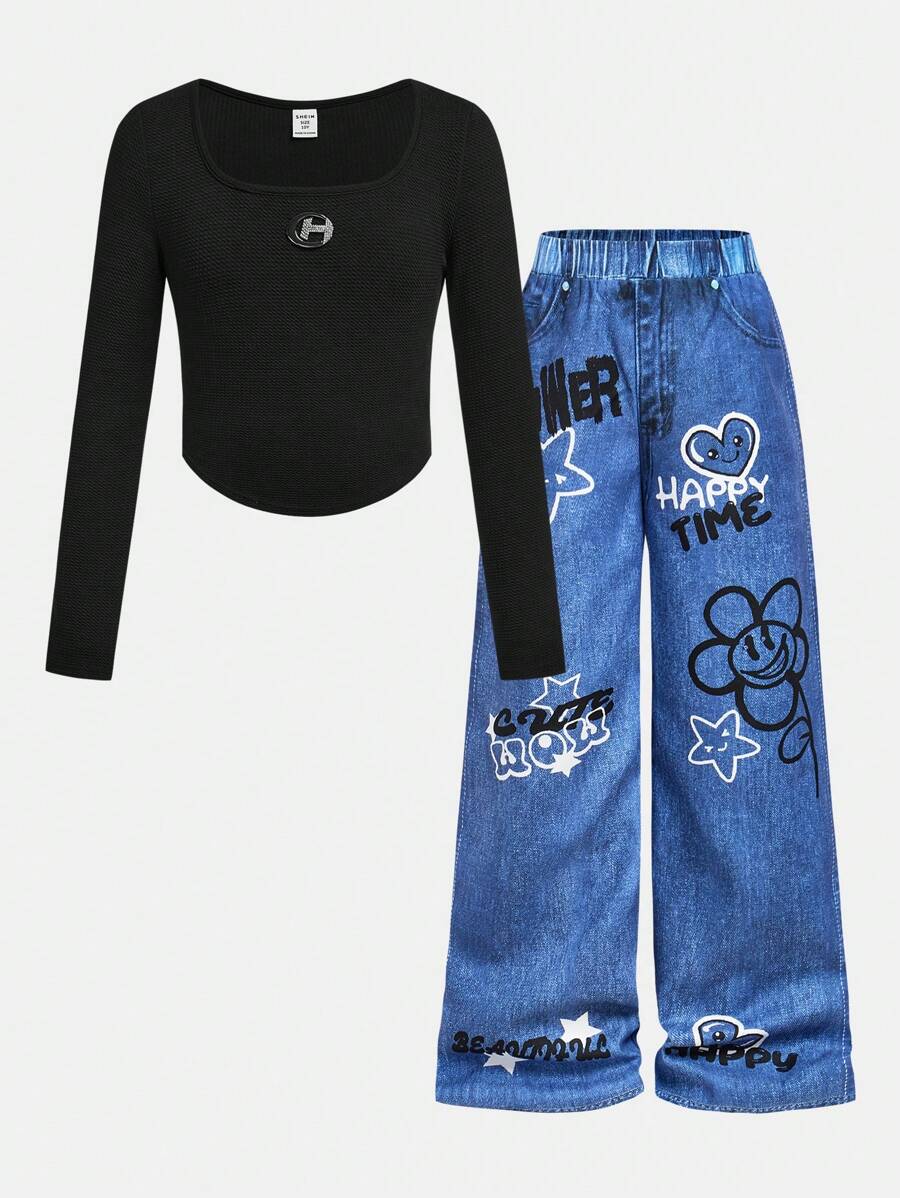 SHEIN Leap Crew 2 件套青少年女孩休闲不对称下摆 U 领长袖 T 恤和牛仔效果裤套装,街头风格 - 藍色 - 查看 1