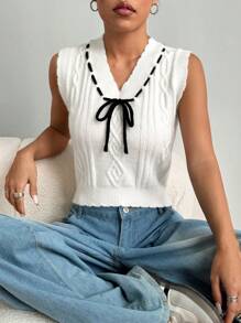 SHEIN Unity Collegiate Tied Collar Cropped Sweater Vest - White - View 6
