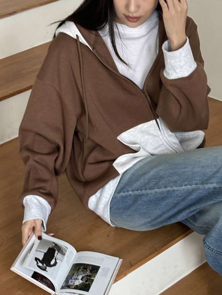Contrast Panel Hoodie With Thermal Lined For Women,Fall Women Clothes Sweatshirt Zip Up