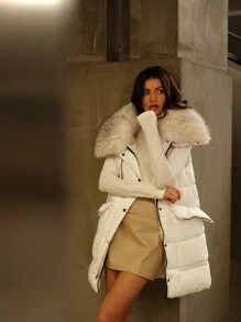 Anewsta Women's Elegant Faux Fur Collar Mid-Long Cotton Padded Jacket, Autumn/Winter